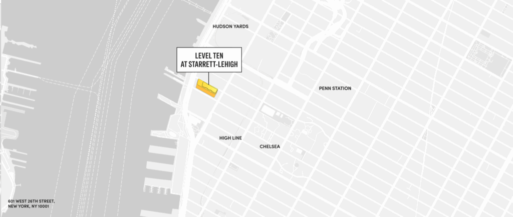 Map highlighting level ten at starrett-lehigh in new york city, near hudson yards, the high line, penn station, and chelsea.