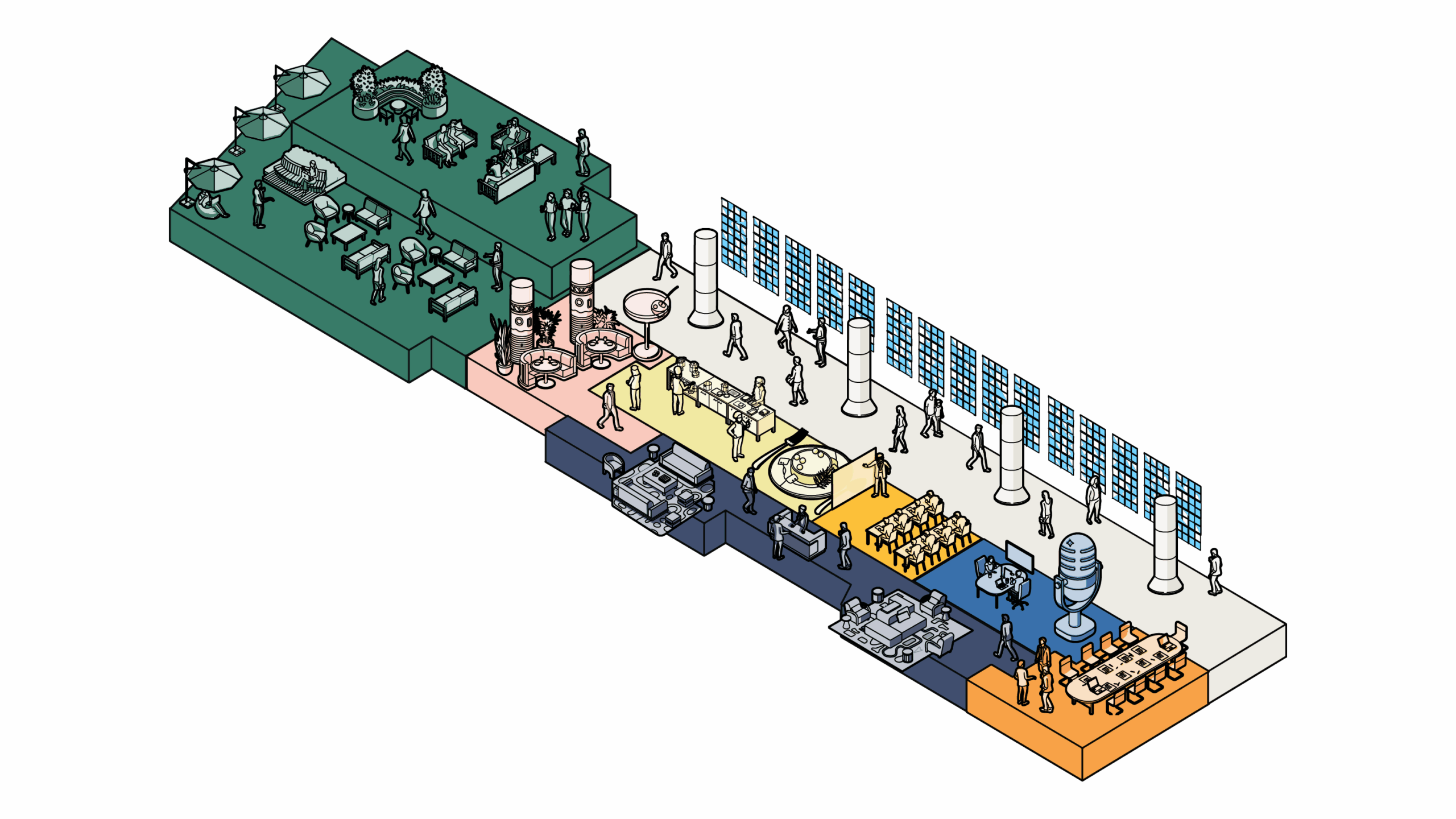 Isometric view of level ten with themed zones: garden, tiki bar, workspaces, auditorium, studio, and tech corridor.