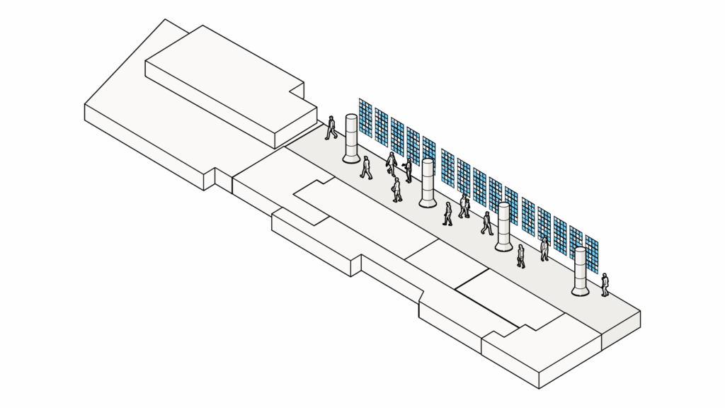 Isometric illustration of the annex at level ten, featuring a long corridor with columns, blue panels, and people walking.