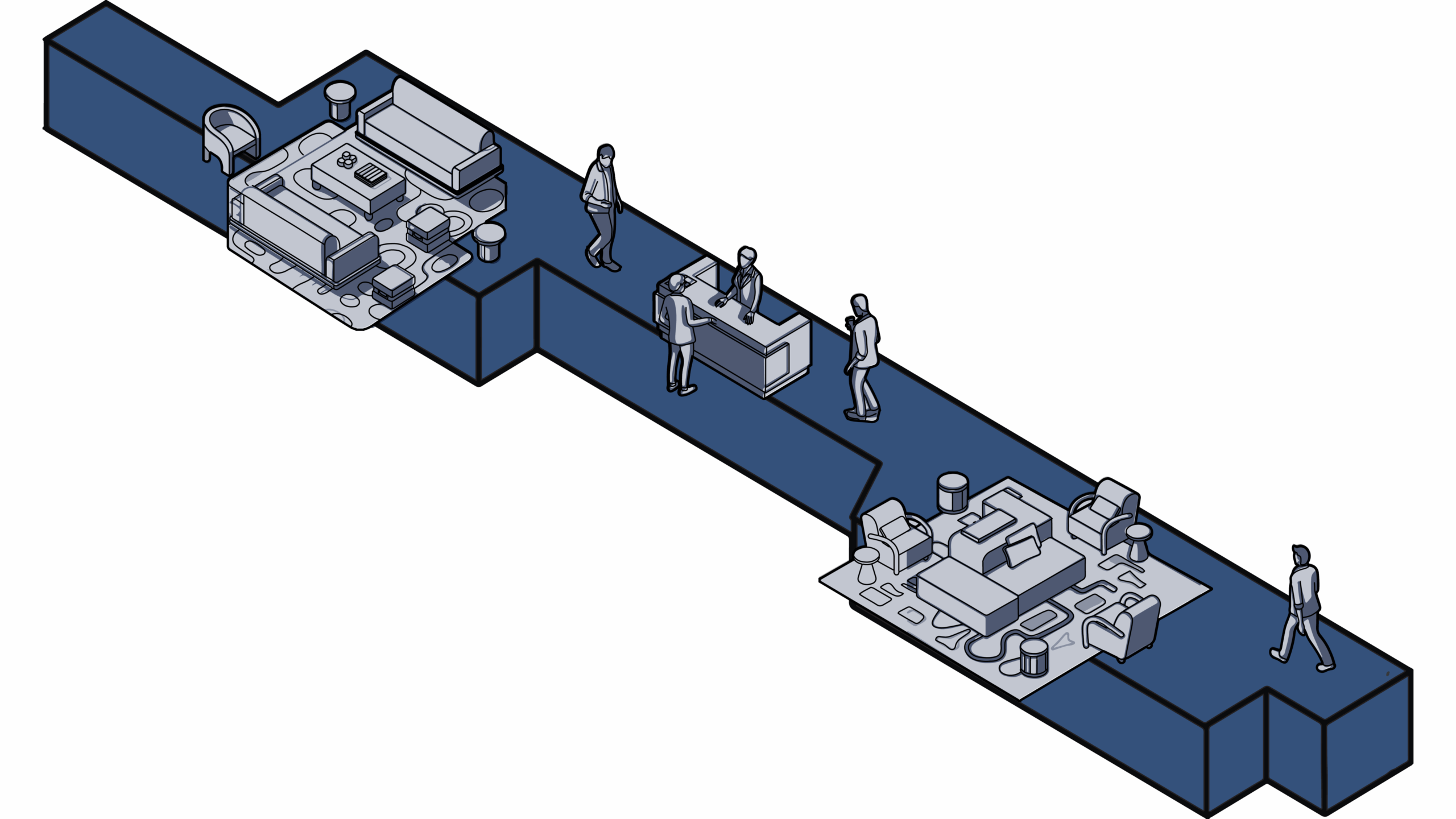 Illustration of level ten’s lounge & reception with workstations, meeting area, and people interacting along a blue pathway.