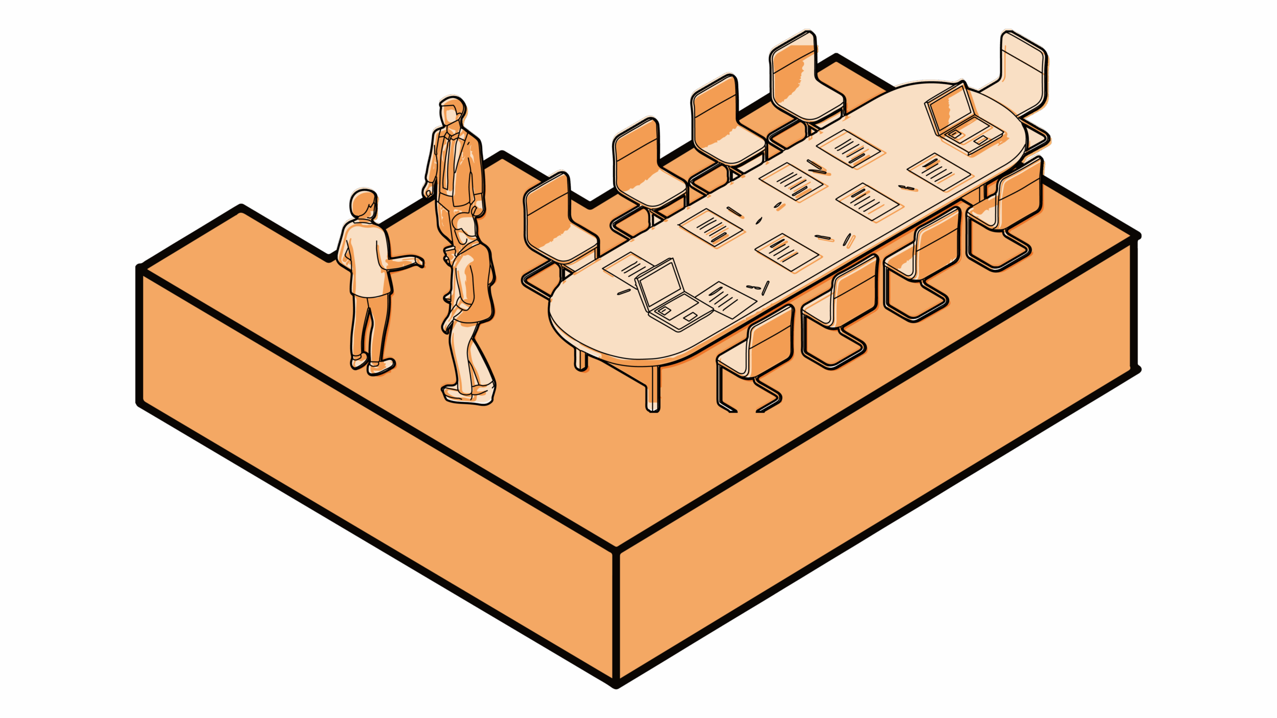 Isometric illustration of the conference wing with a long table, ten chairs, laptops, documents & three people in discussion.