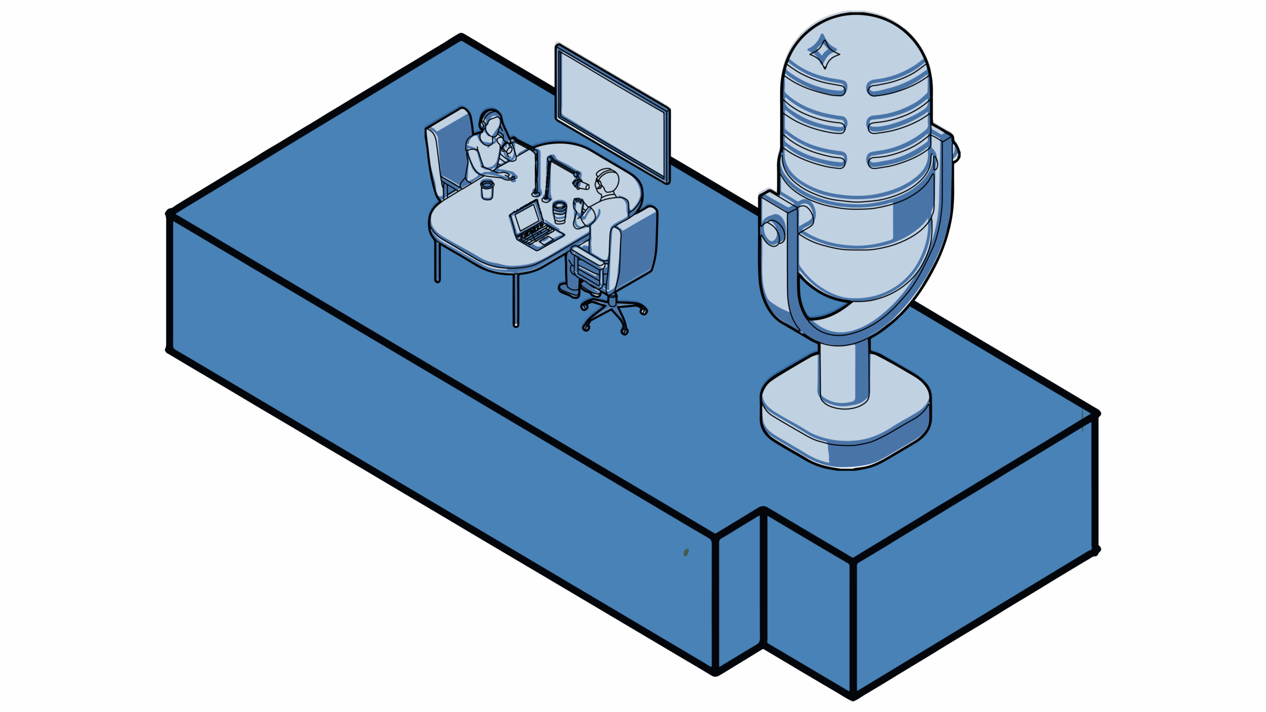 Blue illustration of the studios with two people recording at a podcast table, laptops, drinks & a large microphone display.