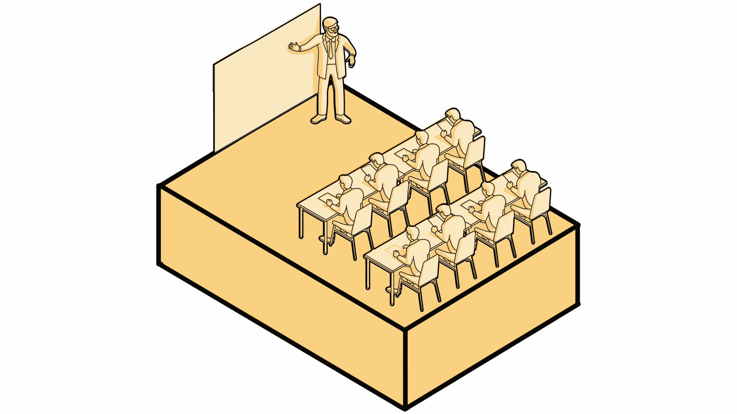 Isometric illustration of the landmark with modular walls and open space, designed for events, keynotes, and brand showcases.