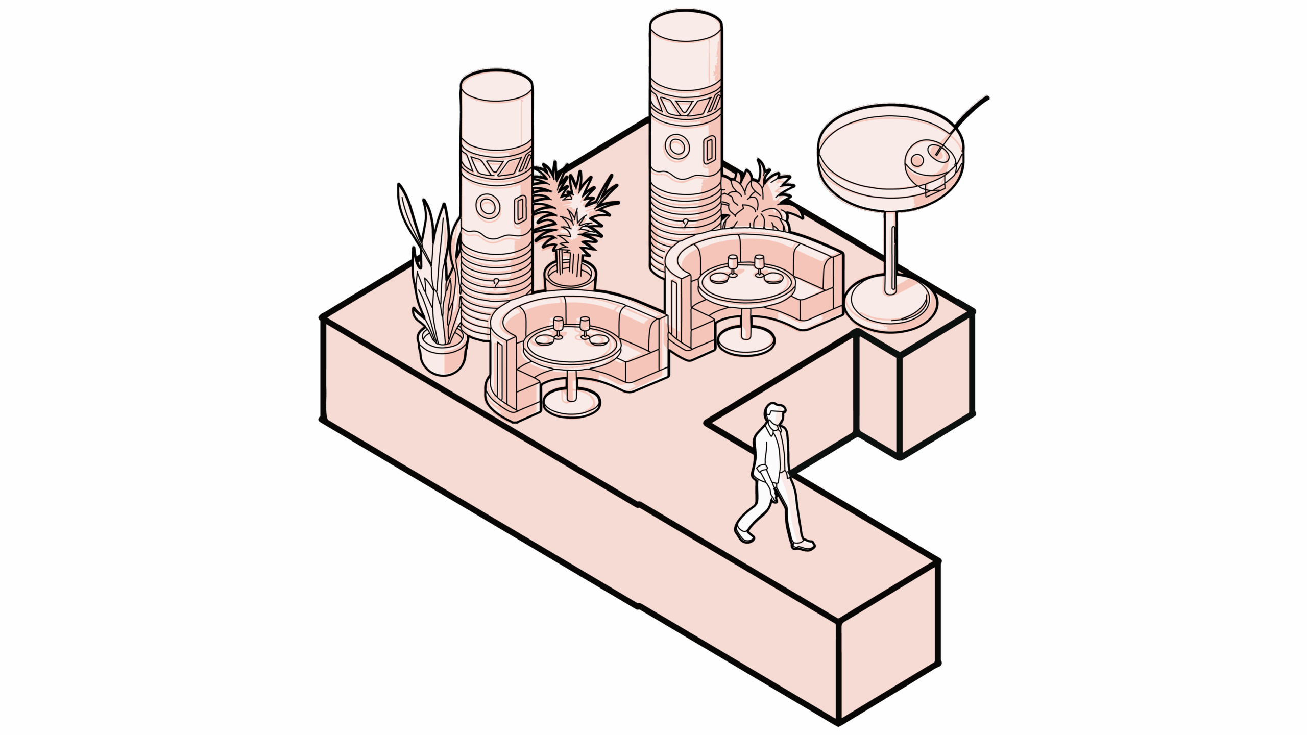Pink illustration of a lounge area with booth seating, tiki-style columns, tropical plants, and a giant cocktail glass.