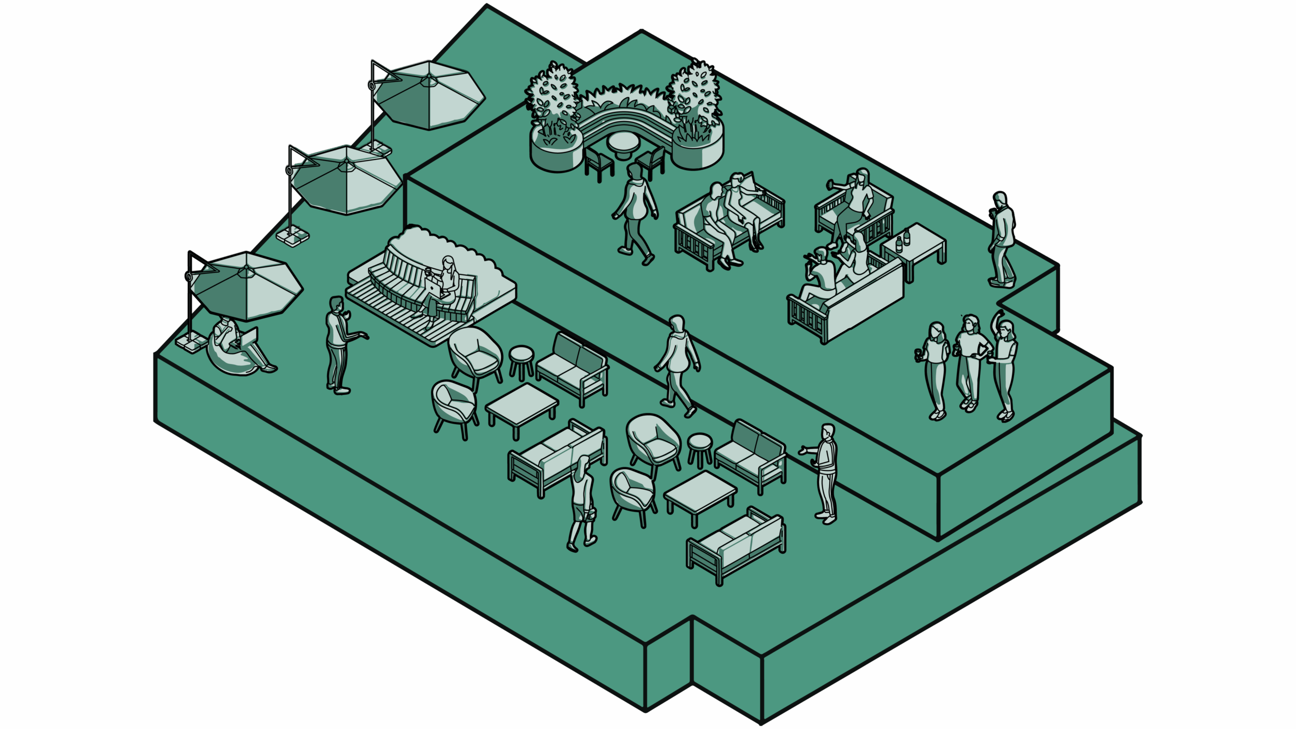 Isometric illustration of level ten’s rooftop with lounge seating, umbrellas and people socializing across two levels.