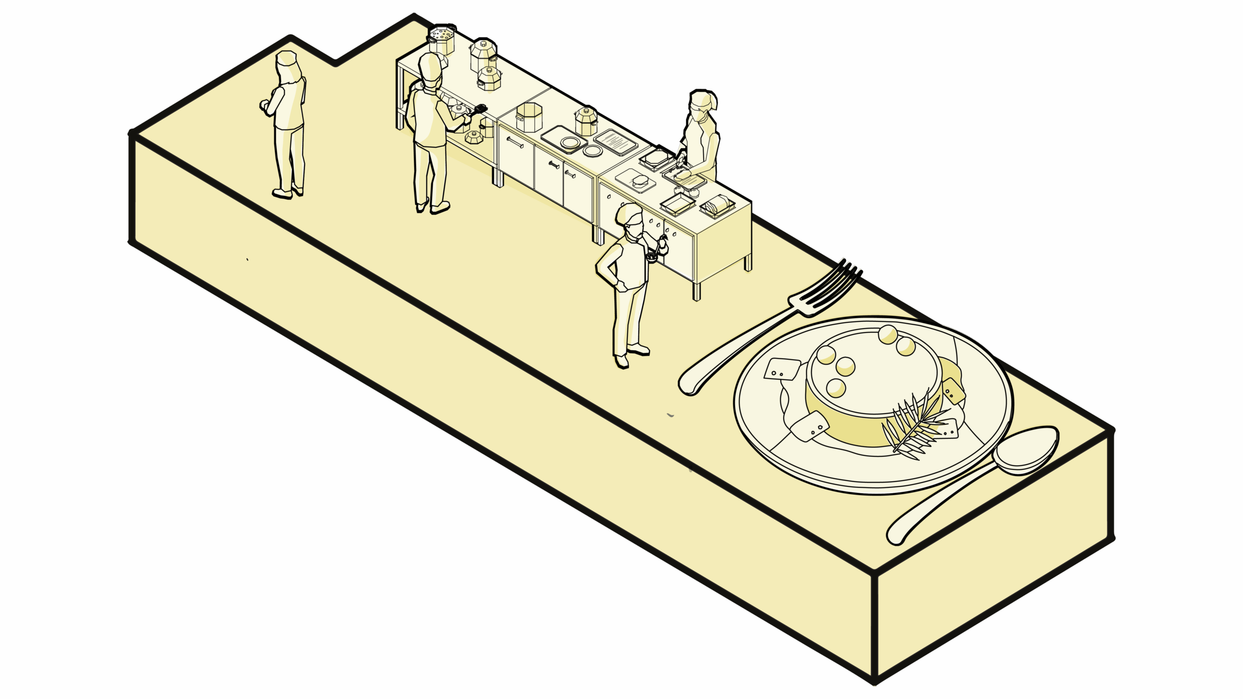 Yellow illustration of the catering kitchen with chefs preparing food at a counter and a large plated dish with utensils.