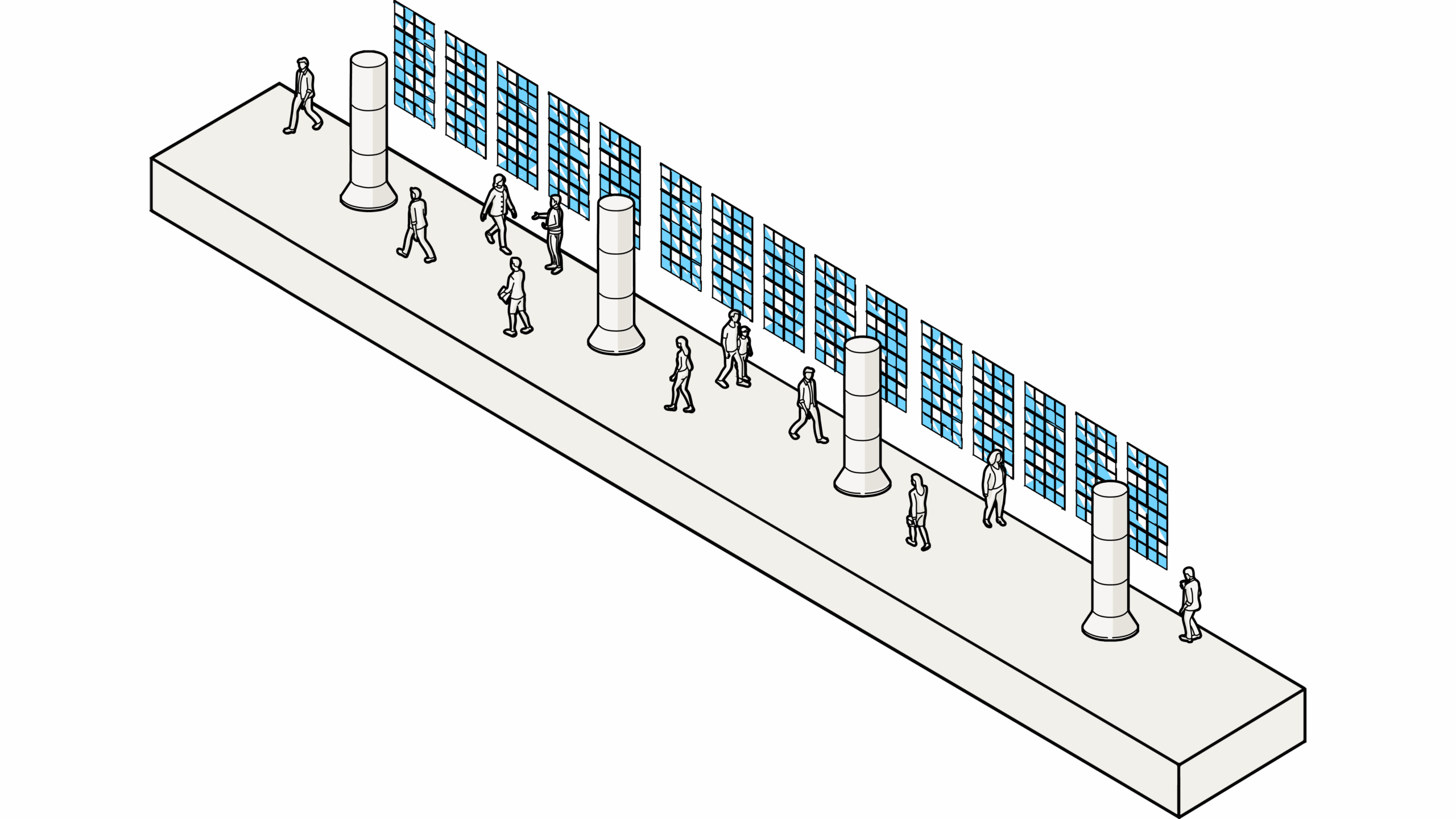 Isometric illustration of the annex with a long corridor, columns and people walking past modular blue-paneled walls.